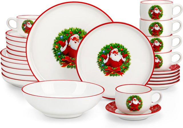 Malacasa Keramik Geschirr Set Weihnachtsbaum Design in Weiß, 30-teiliges Kombi-Service mit Tellern, Schüsseln und Bechern - Bild 1
