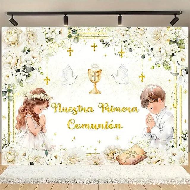 OURFETE Fotografie-Hintergrund für Taufe und Erstkommunion mit floralem Design, Mehrfarbig, Rechteckig - Bild 1