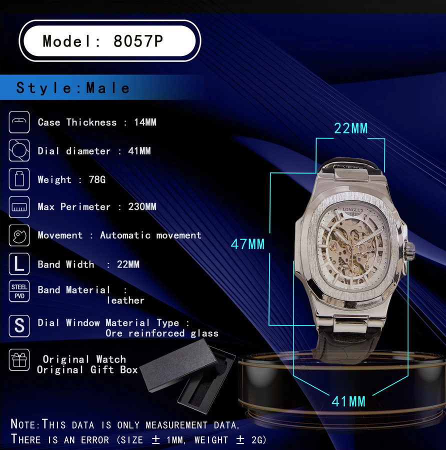 LONGLUX Automatik-Armbanduhr, Edelstahl, Leder, Schwarz, Herren - Bild 5