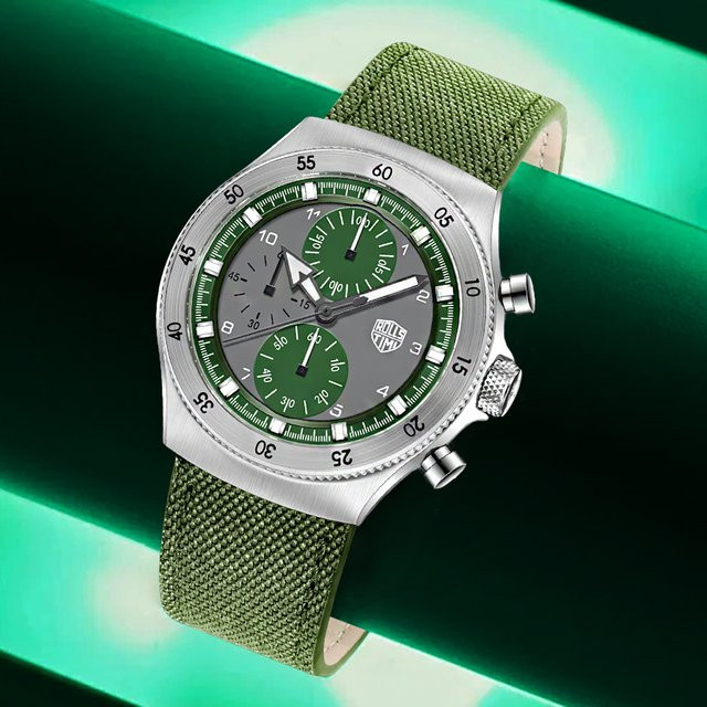 RollsTimi Chronograph, Quarz, Edelstahl, Saphirglas, Textil, Herren, Grün - Bild 1