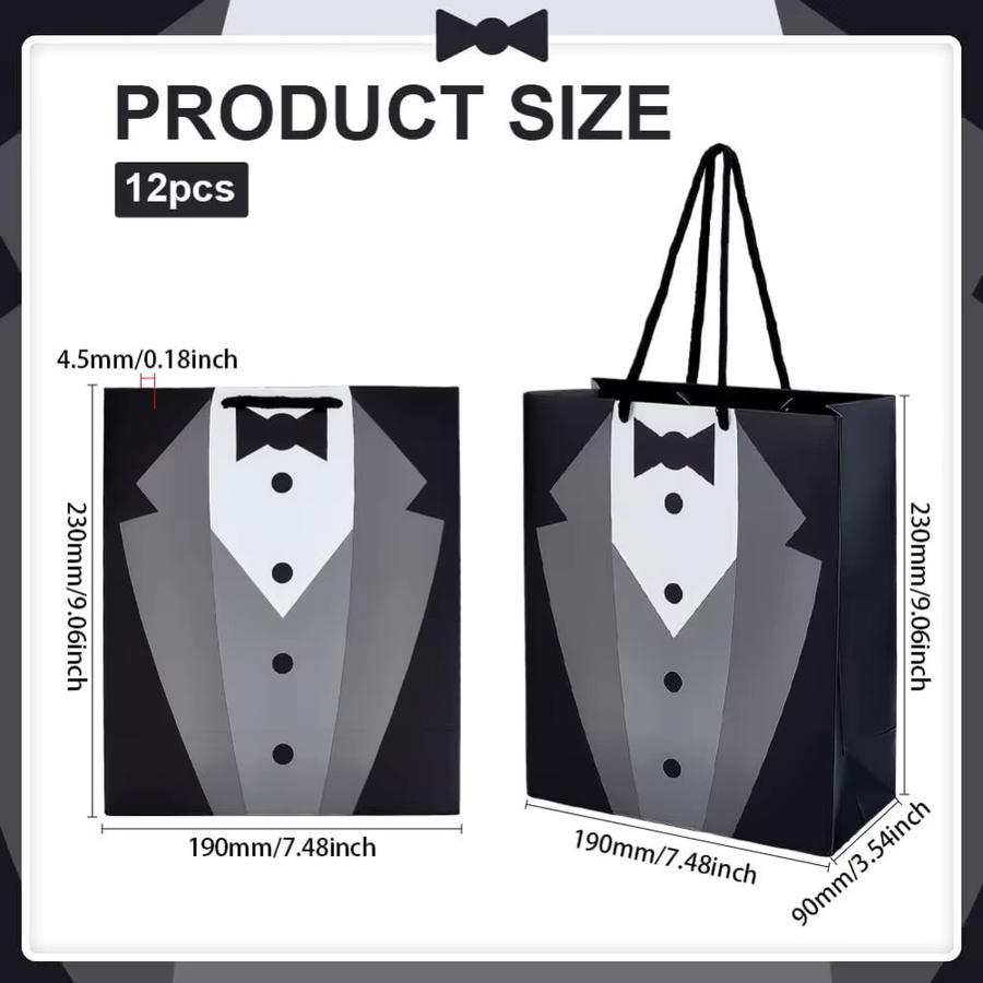 12er-Pack Smoking-Geschenktüten aus Papier in Schwarz-Weiß mit Griff, B/H/T: 23,1 x 23,1 x 3,0 cm - Bild 2