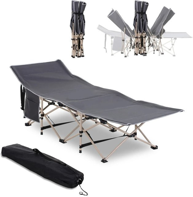 Outsunny Campingbett aus Stahl und Oxfordstoff in Dunkelgrau, faltbare Campingliege mit Seitenfächern, L x B x H: 190 x 68 x 52 cm - Bild 1