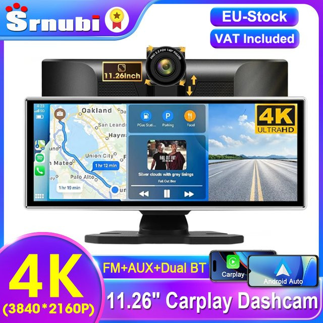Srnubi 11,26 Zoll Dash Cam mit 4K DVR, Carplay und Android Auto, Dual Lens Recorder mit WIFI, Bluetooth, AUX und GPS in Schwarz - Bild 1