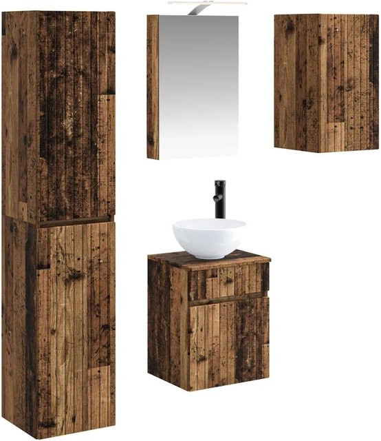 vidaXL Badezimmerschrank-Set 5-teilig aus Altholz in Braun mit LED-Beleuchtung und Spiegelschrank, B/T/H: 40 x 10,5 x 60,5 cm - Bild 1