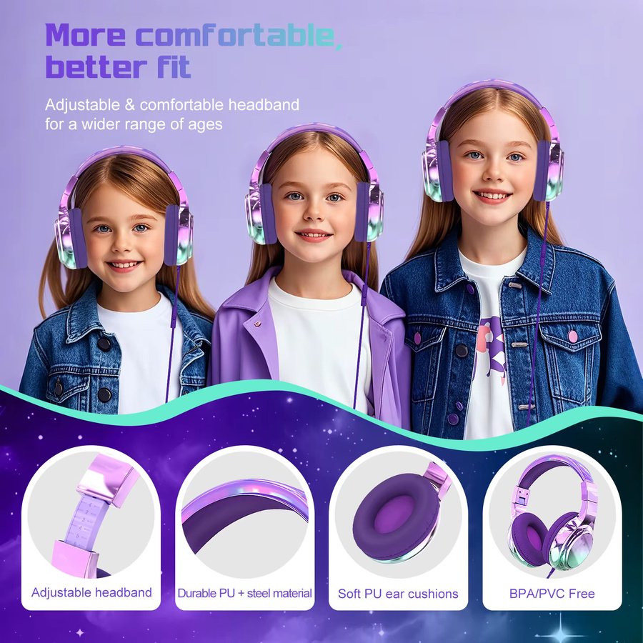 QearFun Kinder-Kopfhörer mit Mikrofon, kabelgebundenes Stereo-Sound-Headset in Purple, faltbar, mit Lautstärkeregler (85/94 dB) für Schule und Tablet - Bild 5