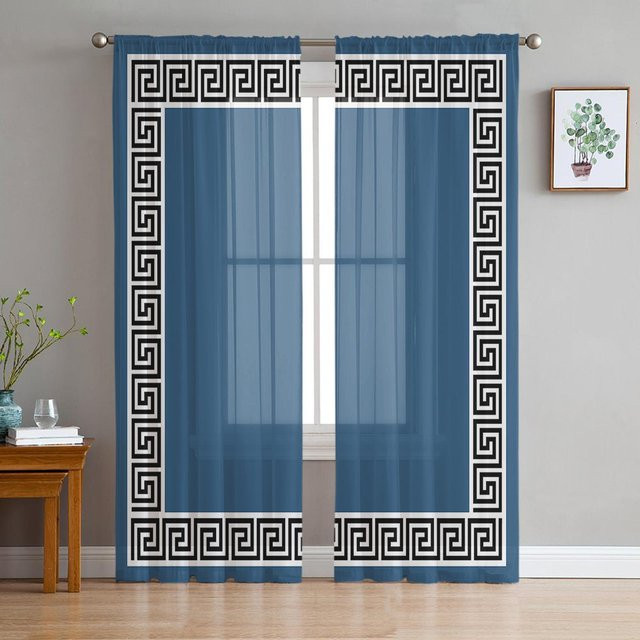 Super Six Transparente Voile-Vorhänge mit griechischem Schlüsselmuster in Rot, Chiffon-Tüllvorhang für Wohnzimmer und Schlafzimmer, Breite: 135 cm, Höhe: 114 cm - Bild 1