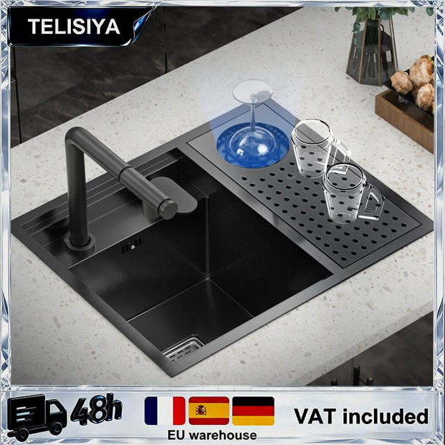 TELISIYA Edelstahl-Spülbecken mit Reiskornprägung als Unterbau-Spülbecken in Silber oder Schwarz - Bild 1
