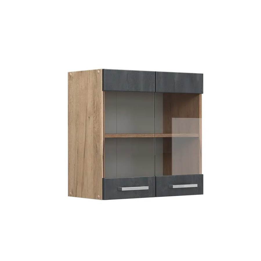 Vicco R-Line Küchen-Hängeglasschrank mit 2 Glastüren in Schwarz Beton und Eiche, Breite: 60 cm, Höhe: 31 cm, Tiefe: 31 cm - Bild 2