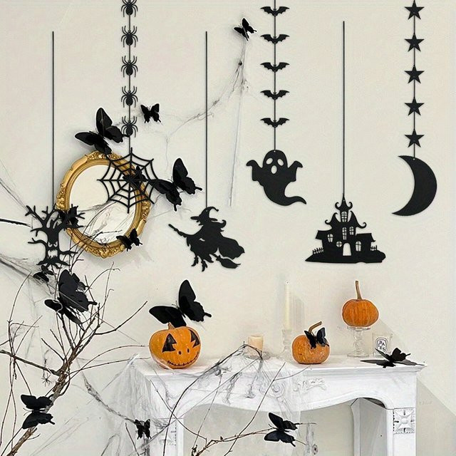 CYZIWEIN Halloween Dekoration Girlande mit Spinnen, Geistern und Fledermäusen in Schwarz - Bild 1