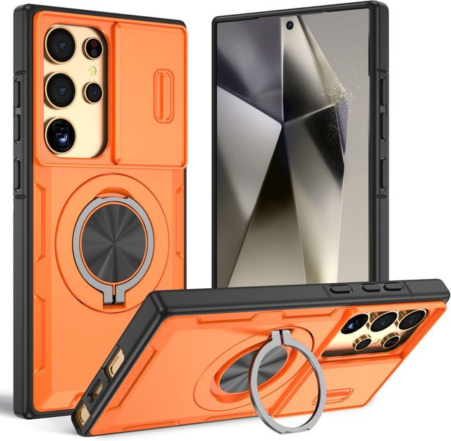 Magnetische Samsung Schutzhülle mit Schiebe-Kameraabdeckung und Ringständer in Orange - Bild 1