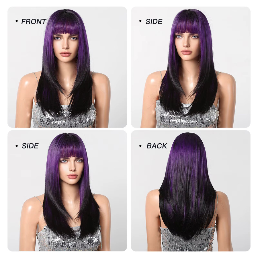 JONRENAU Perücke, Synthetisch, Lila Schwarz, Lang Gerade Layered mit Pony, Damen - Bild 5