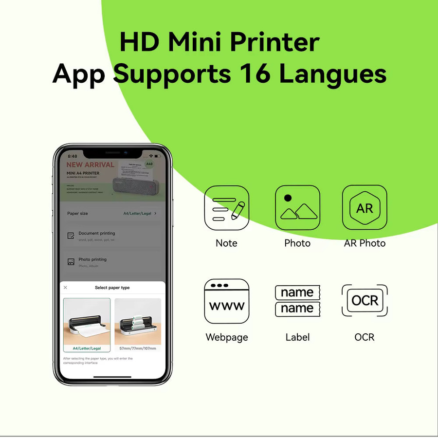 PeriPage A40 Kontinuierlicher Thermo-A4-Drucker, kabelloser Thermodrucker für PDF und Webseiten, tintenlos, 210 mm Papierbreite - Bild 3