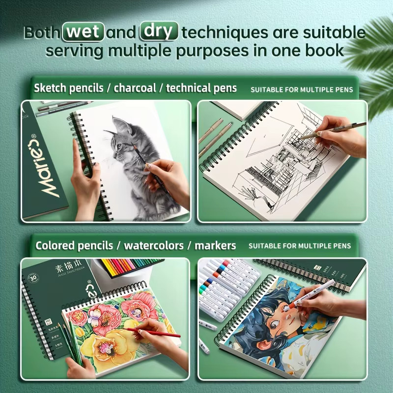 Marie's Sketchbook Künstler-Skizzenbuch mit 30 Blatt und 160 g/m2 schwerem Papier, spiralgebunden mit festem Einband zum Zeichnen und Illustrieren - Bild 4