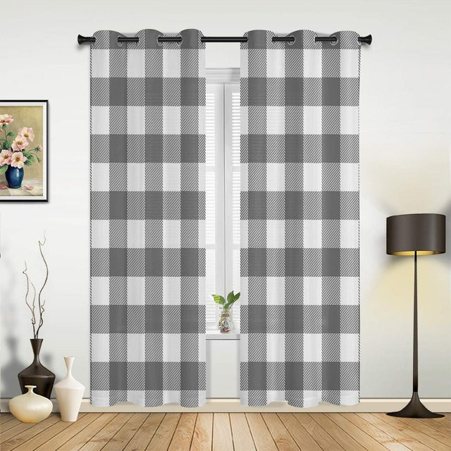 Moderne karierte Vorhänge von Household supplies MH in Gelb, Weiß und Grau, halbtransparent, Breite: 135 cm, Höhe: 60 cm - Bild 1