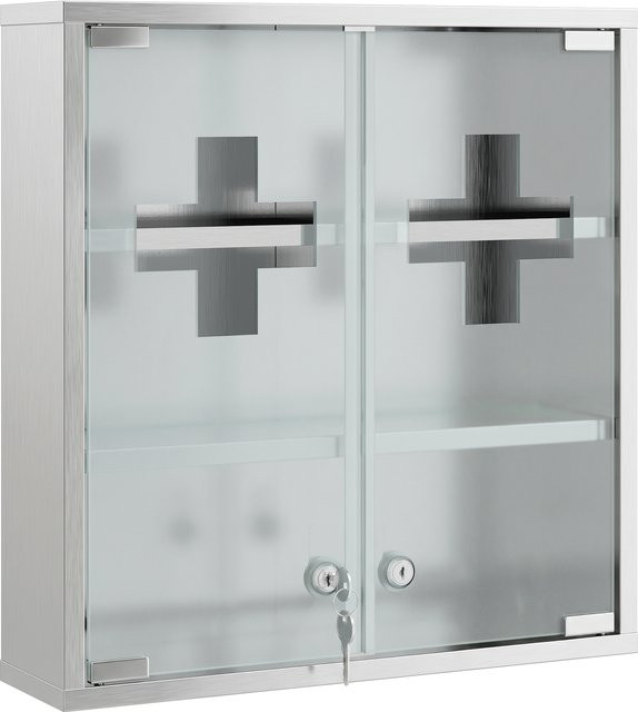 HOMCOM Medizinschrank aus Stahl in Silber mit 2 Glastüren und 6 Regalen, abschließbarer Apothekerschrank für Bad, Küche oder Flur, B/H/T: 48 x 46 x 12 cm - Bild 1