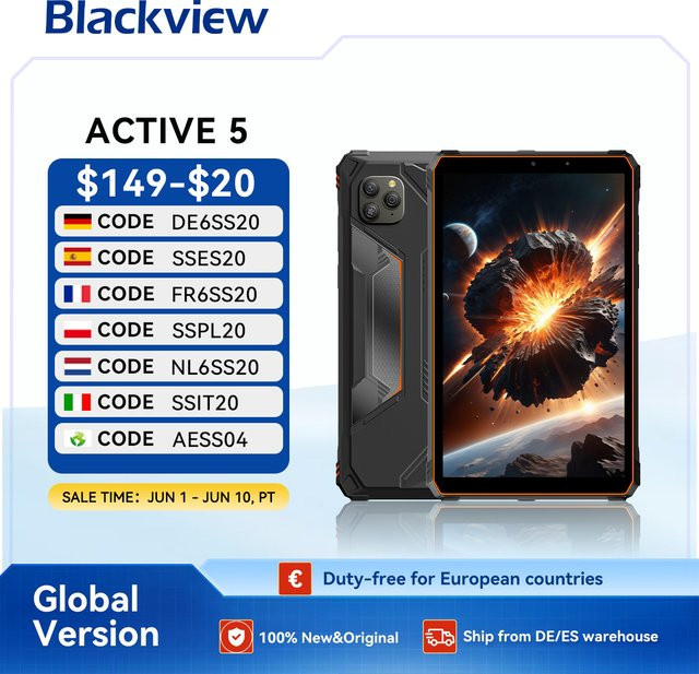 Blackview Active 5 Robustes Android 15 AI-Tablet in Schwarz mit 8,68 Zoll HD+ 90Hz, 6GB RAM, 128GB Speicher und 6600mAh Akku, IP68/IP69K wasserdicht - Bild 1