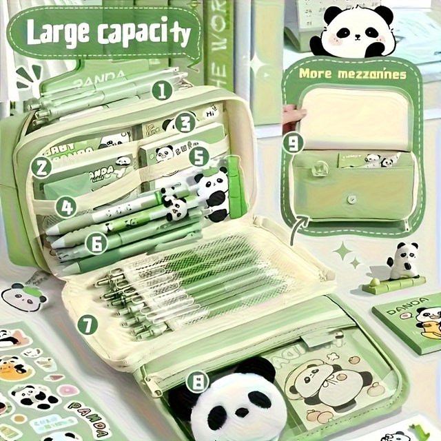 Panda Cosas Federmäppchen-Set in Beige und Grün mit Panda-Aufklebern und Textil-Organizer - Bild 1