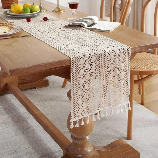 Fashnics Tischläufer aus Baumwolle in Beige mit Quasten, B/L: 30 x 180 cm - Bild 1