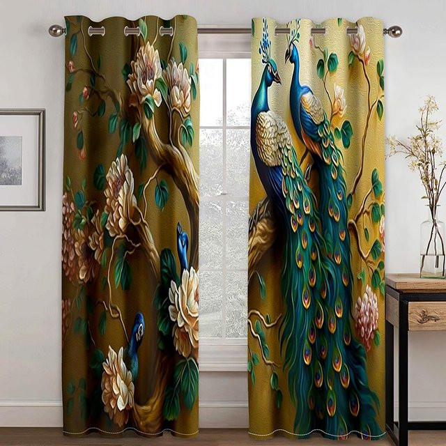 Yiran Furniture Dekorative Vorhänge Goldener Pfau mit Blumenmuster, 2 Paneele, semi-transparent, Farbe: Gold und Mehrfarbig, Breite: 100 cm, Höhe: 130 cm - Bild 1