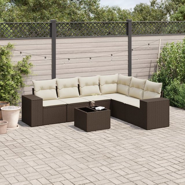 vidaXL 7-tlg. Garten-Sofagarnitur in L-Form aus Polyrattan mit Kissen, Braun - Bild 3