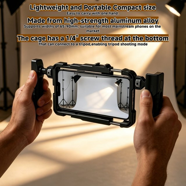 Universelles Smartphone-Video-Rig aus Aluminiumlegierung in Schwarz mit 360-Grad-Drehfunktion, verstellbaren Griffen und 52mm Filteradapter für iPhone 17 Pro Max - Bild 1