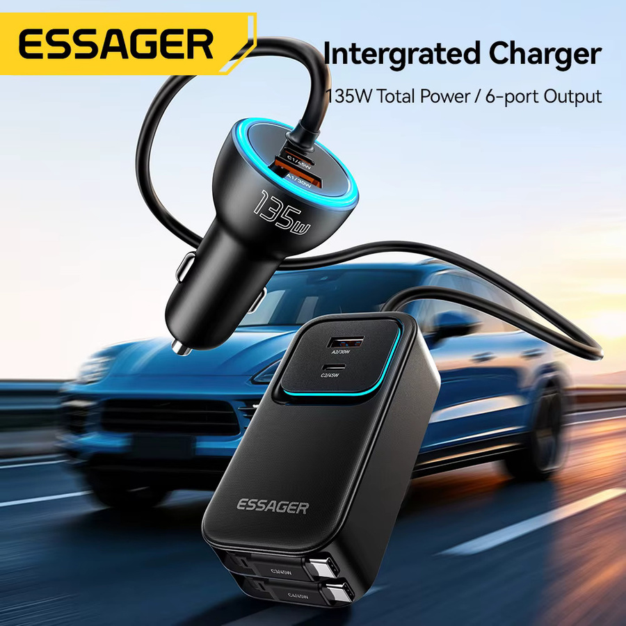 Essager 135W Dual Retractable Kabel-Ladegerät mit Rückseitiger Steckdose und USB-C PD QC Schnellladung in Schwarz - Bild 2