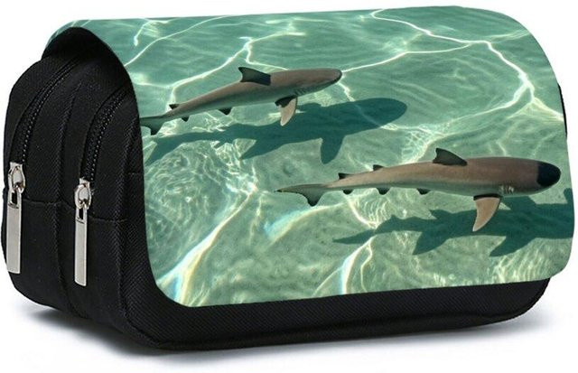 Fancy Style Studio Doppellagiges Klapp-Federmäppchen mit Haifisch-Meeresdruck in Blau - Bild 1