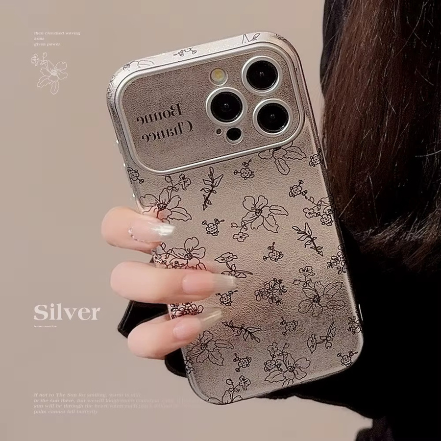 MUQGEW Handyhülle mit koreanischem Retro-Blumenmuster und silbernem Rand in Lederstruktur für iPhone 11 bis iPhone 17 Pro Max Plus, stoßfeste Abdeckung, Silber - Bild 3