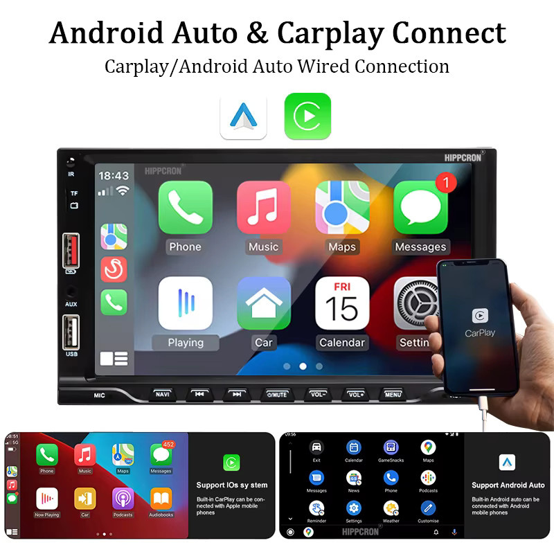 HIPPCRON Auto MP5 Radio mit 7-Zoll HD-Touchscreen, Carplay und Android Auto, Mirror Link und Dual USB, Schwarz - Bild 2