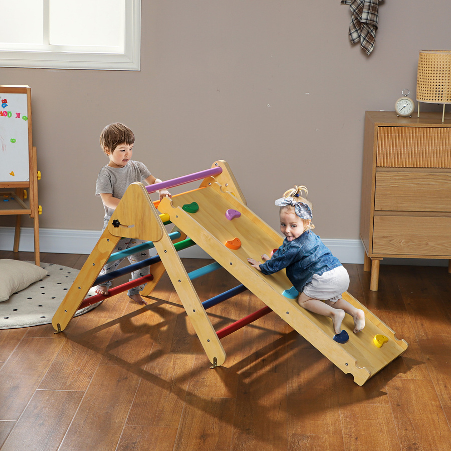 Aosom 3 in 1 Kletterdreieck, Doppelseitige Rutsche, Holz, mehrfarbig, ab 1,5 Jahre - Bild 2