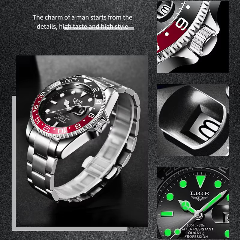 LIGE Armbanduhr Chronograph, Quarz, Edelstahl, Schwarz, Silber, Herren - Bild 6
