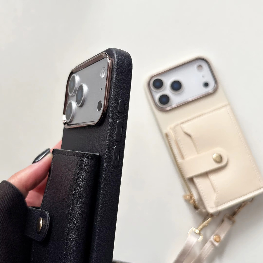 Crossbody Lanyard Wallet Strap Handyhülle für Apple iPhone Air 16 15 17 Pro Max 11 12 13 14 Plus mit Kartenfächern aus PU-Leder und Silikon in Schwarz - Bild 3