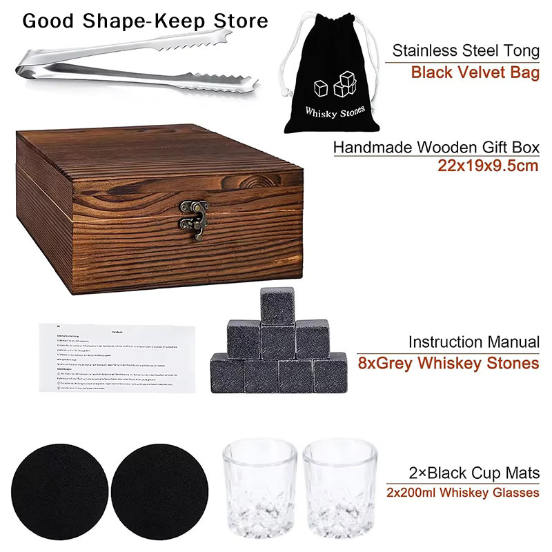 HOUKEA Whisky-Set mit 8 Granit-Eiswürfeln und 2 Gläsern in einer braunen Holzbox - Bild 4