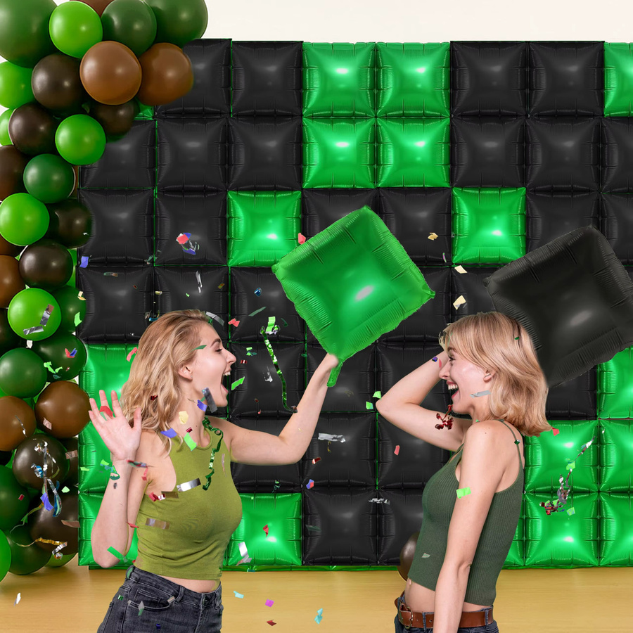 Pixel Party Quadratischer Ballon Wandhintergrund in Grün und Schwarz aus Kunststoff für deine Geburtstagsparty und Photo Booth Dekoration - Bild 2