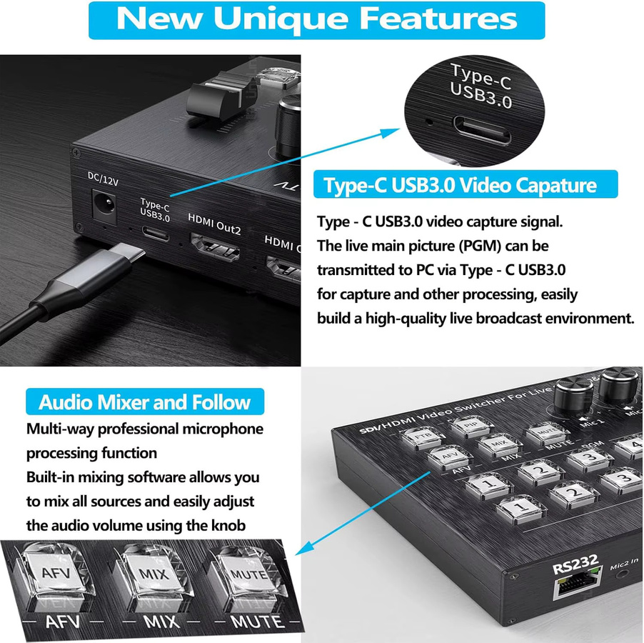 Konsenda 4-Kanal HDMI Video Mixer Switcher 4x2 1080P für Broadcast, Live Streaming und OBS Aufnahme, Schwarz - Bild 3
