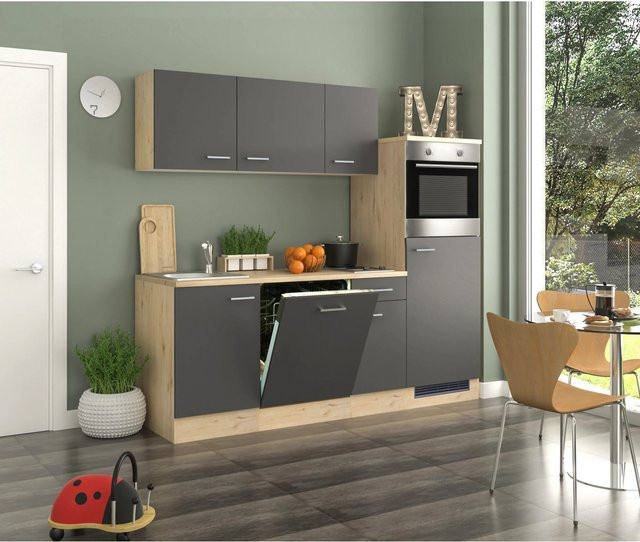 Küchenzeile Flex-Well Exclusiv Morena in Basaltgrau Matt und San Remo Eiche Hell, Breite: 210 cm, Höhe: 168,5 cm, Tiefe: 60 cm - Bild 1
