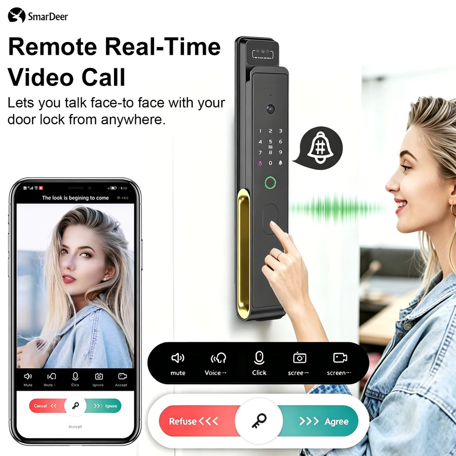 Smardeer Intelligentes Türschloss in Schwarz mit Sprachsteuerung, Alexa & Google Kompatibilität, TTLock App, Fernvideoanruf und Fingerabdruck-Sensor ohne Gateway - Bild 2