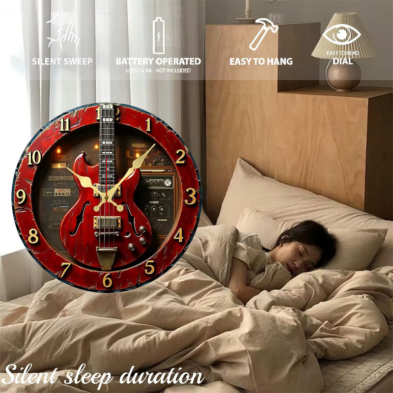 WOKLOK Runde Wanduhr aus Holz im Vintage-Gitarren-Stil, geräuschlos, Rot - Bild 4