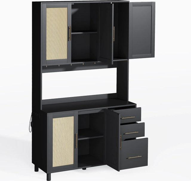 okwish Küchenanrichte in Schwarz mit LED-Beleuchtung, USB-Steckdosen und Schubladen, B/T/H: 100 x 40 x 183 cm - Bild 1