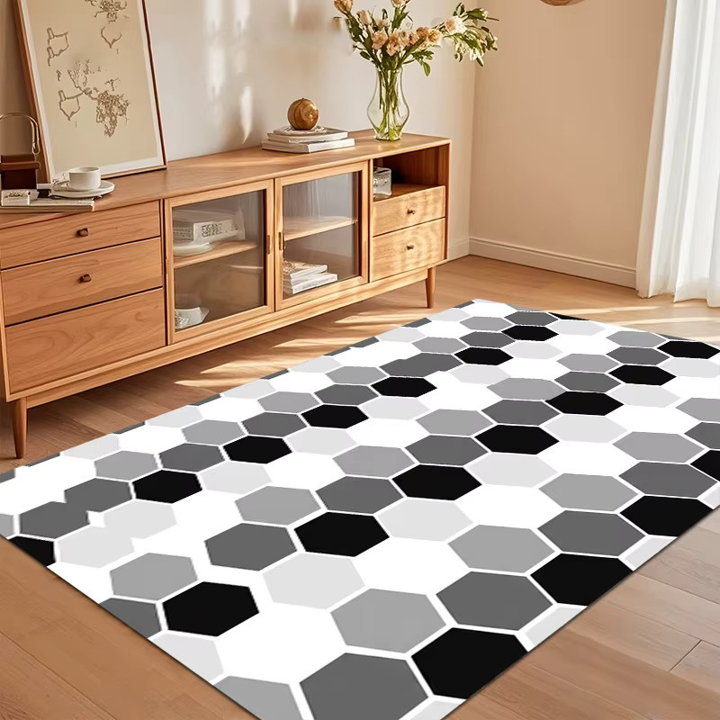Moderner sechseckiger Mosaik-Teppich in Schwarz-Weiß-Grau, weich, rutschfest und waschbar für Wohnzimmer und Schlafzimmer - Bild 3