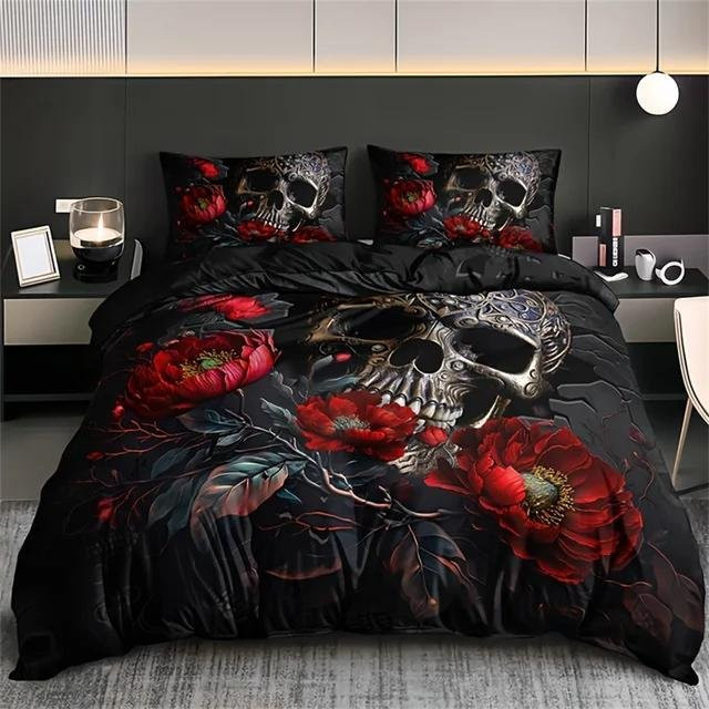 Lodestar Gothic Bettwäsche-Set mit Schädel- und Floral-Print, Schwarz, B/H: 200 x 200 cm - Bild 1