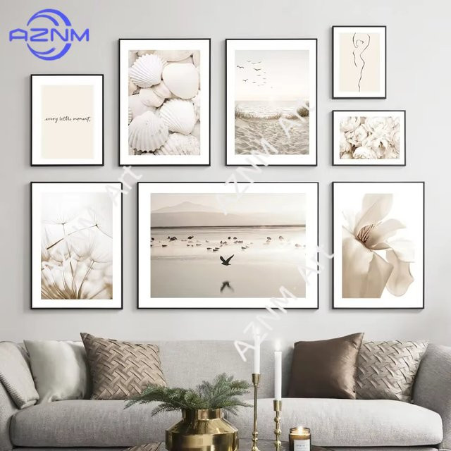 Potdemiel Boho Wandposter in Beige mit Landschafts- und Blumenmotiven als minimalistische Dekoration - Bild 1