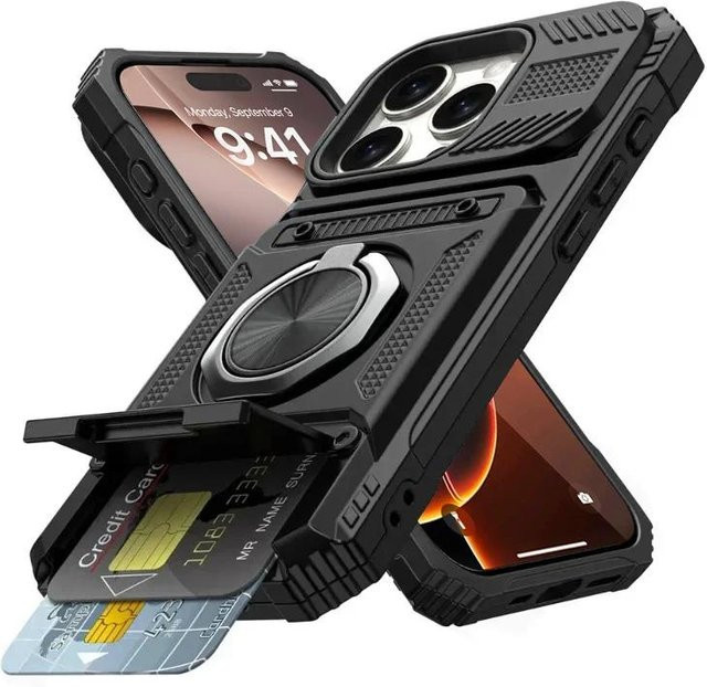Robuste magnetische Handyhülle mit drehbarem Ring und Geldbörsen-Funktion für Apple iPhone 17 Air 16 15 14 Plus 13 Pro Max in Schwarz - Bild 1