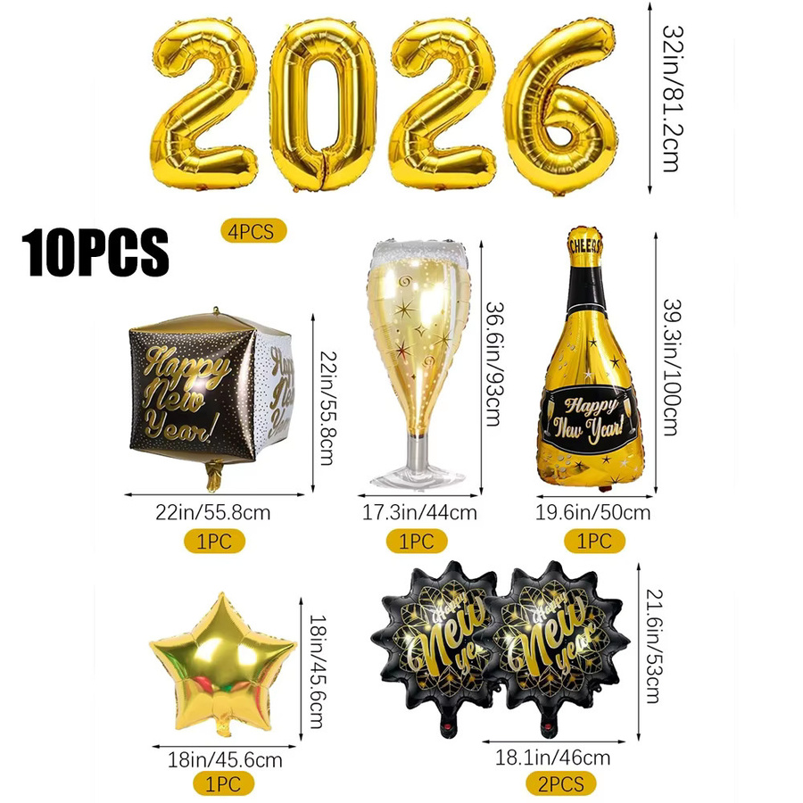 Silvester Party Set Gold mit Folienballons in Form von Weinflasche und Weinglas für das Jahr 2026 - Bild 5