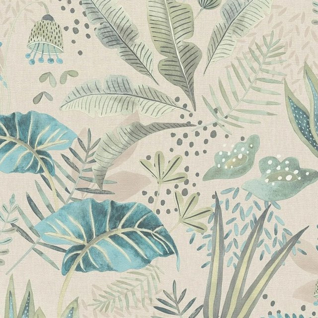 PROFHOME Retro Tapete Floral in Beige, Grau, Hell-Grün und Pastell-Blau, Vlies-Tapete mit botanischem Muster, Breite: 0,53 m, Länge: 10,05 m - Bild 1