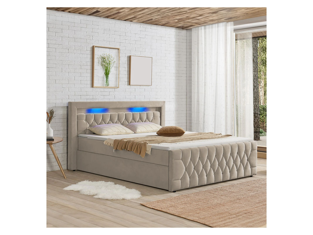 Juskys Boxspringbett Leona in Beige mit Samtbezug, LED-Unterbettbeleuchtung und Federkern, B/T: 180 x 200 cm - Bild 2