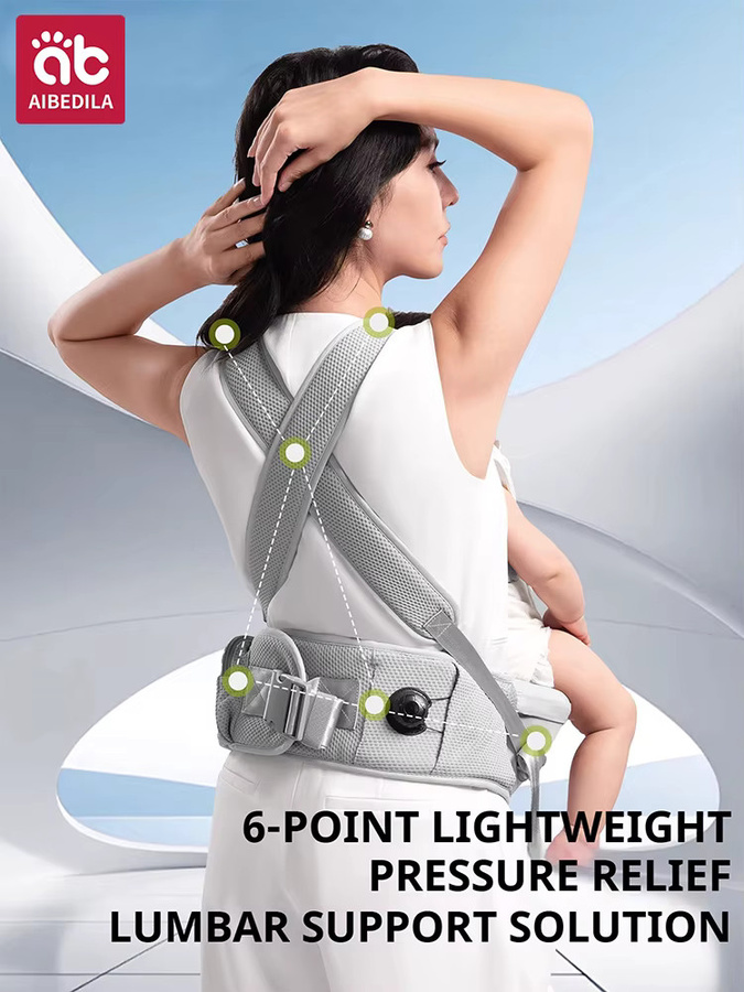 AIBEDILA Ergonomische Babytrage als Taillenhocker mit Knopf für Neugeborene bis 36 Monate in Beige oder Grau - Bild 2