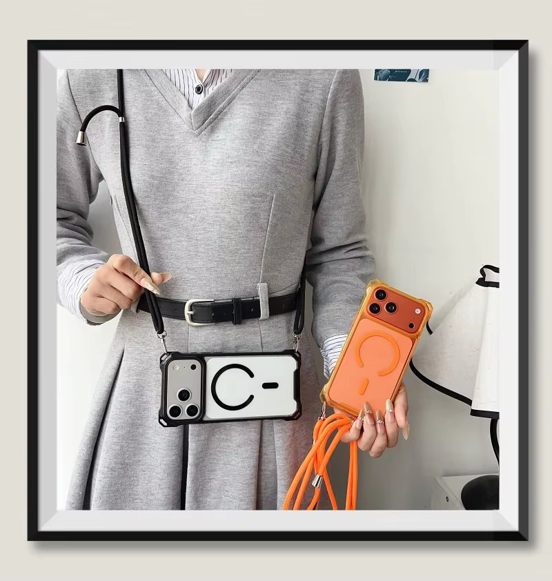 EHUIDE Stoßfeste Crossbody-Hülle mit Trageriemen und Magnetfunktion für iPhone 12 bis iPhone 17 Pro Max, Transparent/Orange - Bild 2