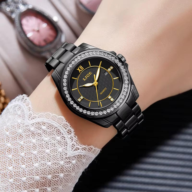 LIGE Armbanduhr, Chronograph, Keramik, Schwarz, Quarz, Damen - Bild 4