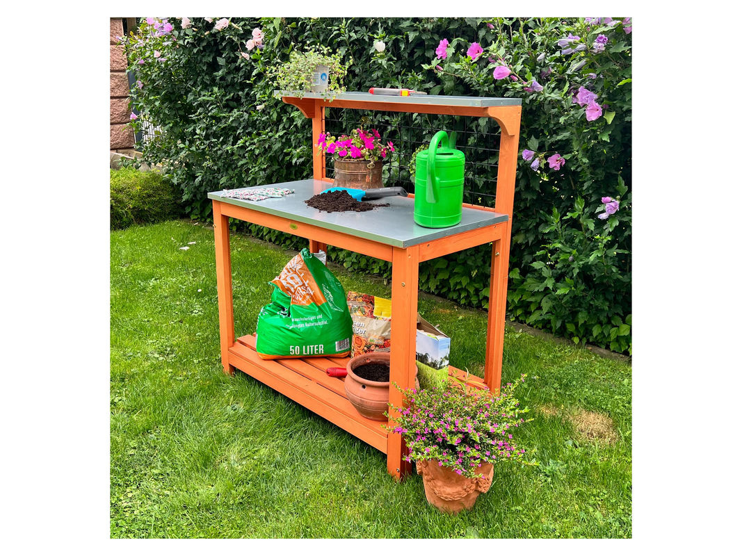 HABAU Gartentisch in Braun mit verzinkter Arbeitsfläche, Spalier und Ablageflächen aus Metall und Holz, B/T/H: 101 x 55 x 117 cm - Bild 3
